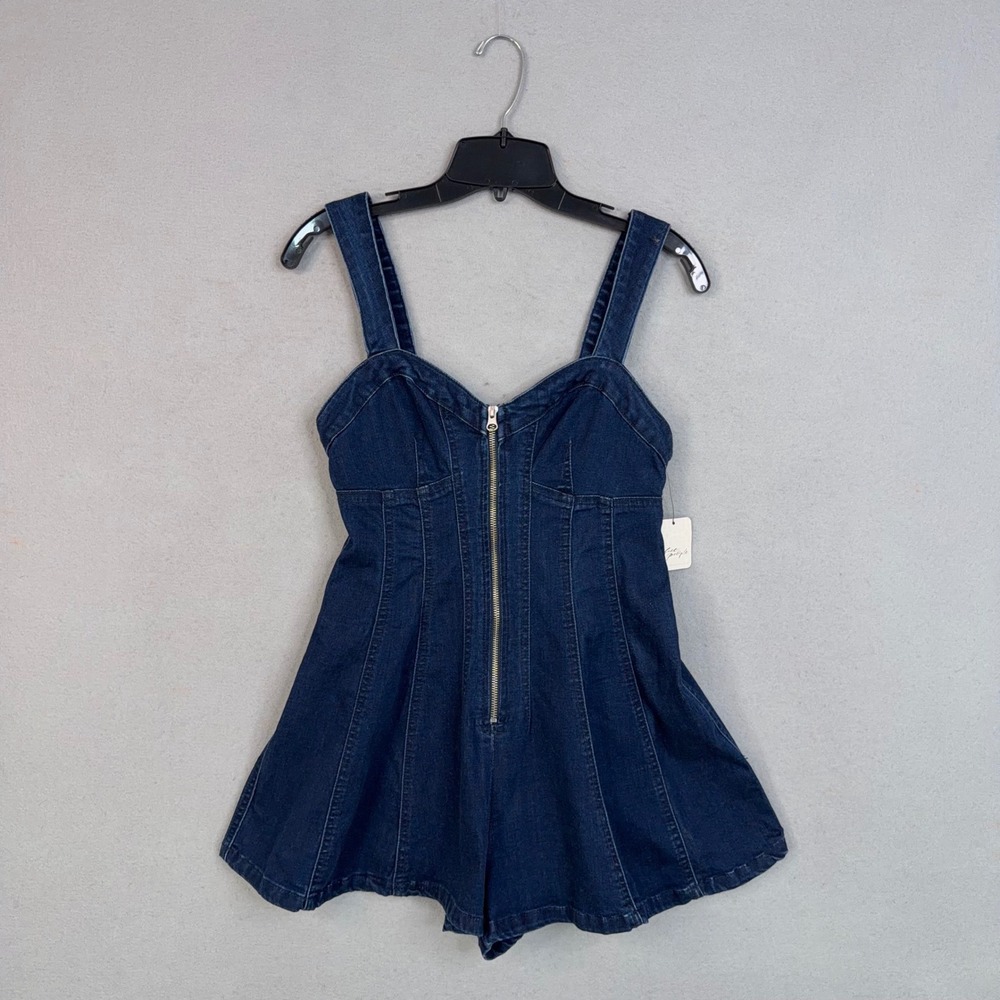 Free People Romper Womens 4 Indigo Denim Zip Front Boho Festival Delancey Flare